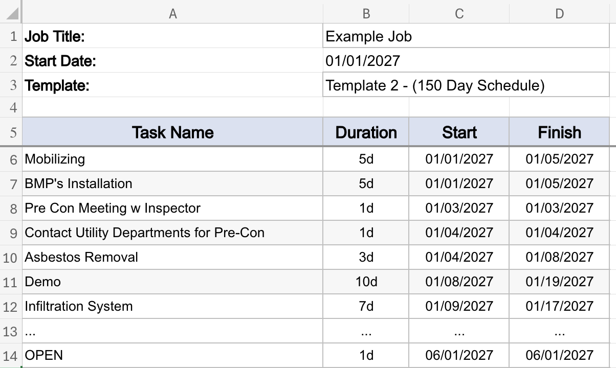 Generated construction schedule spreadsheet