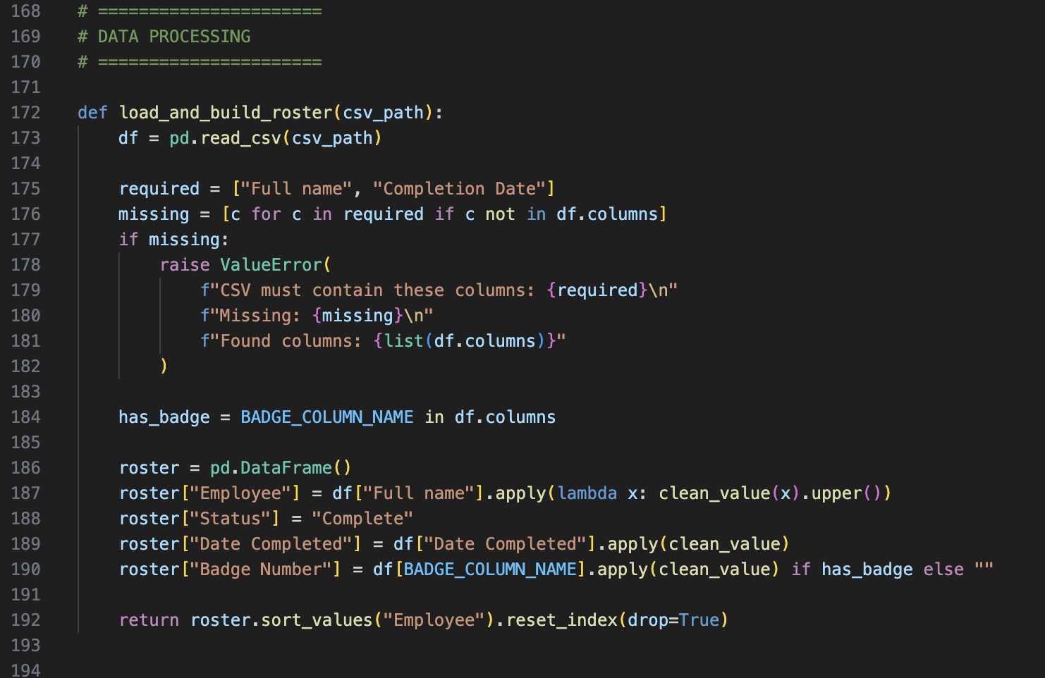 Custom Python software code example